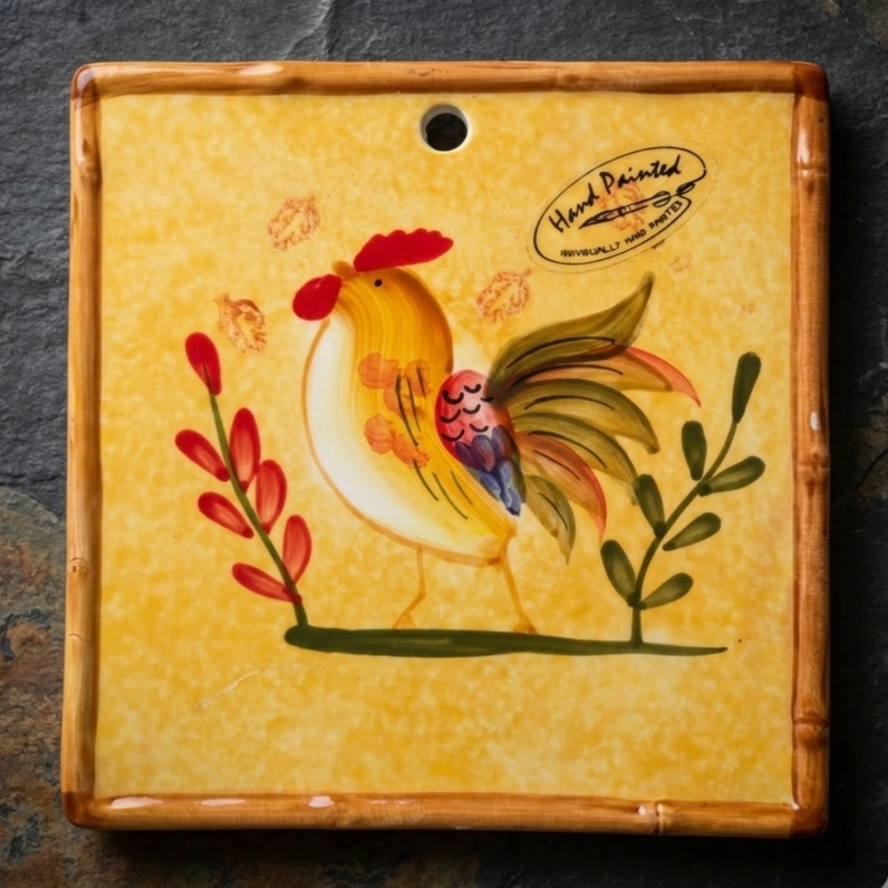 Hand-Painted Rooster Ceramic Tile Wall Decor Country Cottagecore Farmhouse 6 X 6